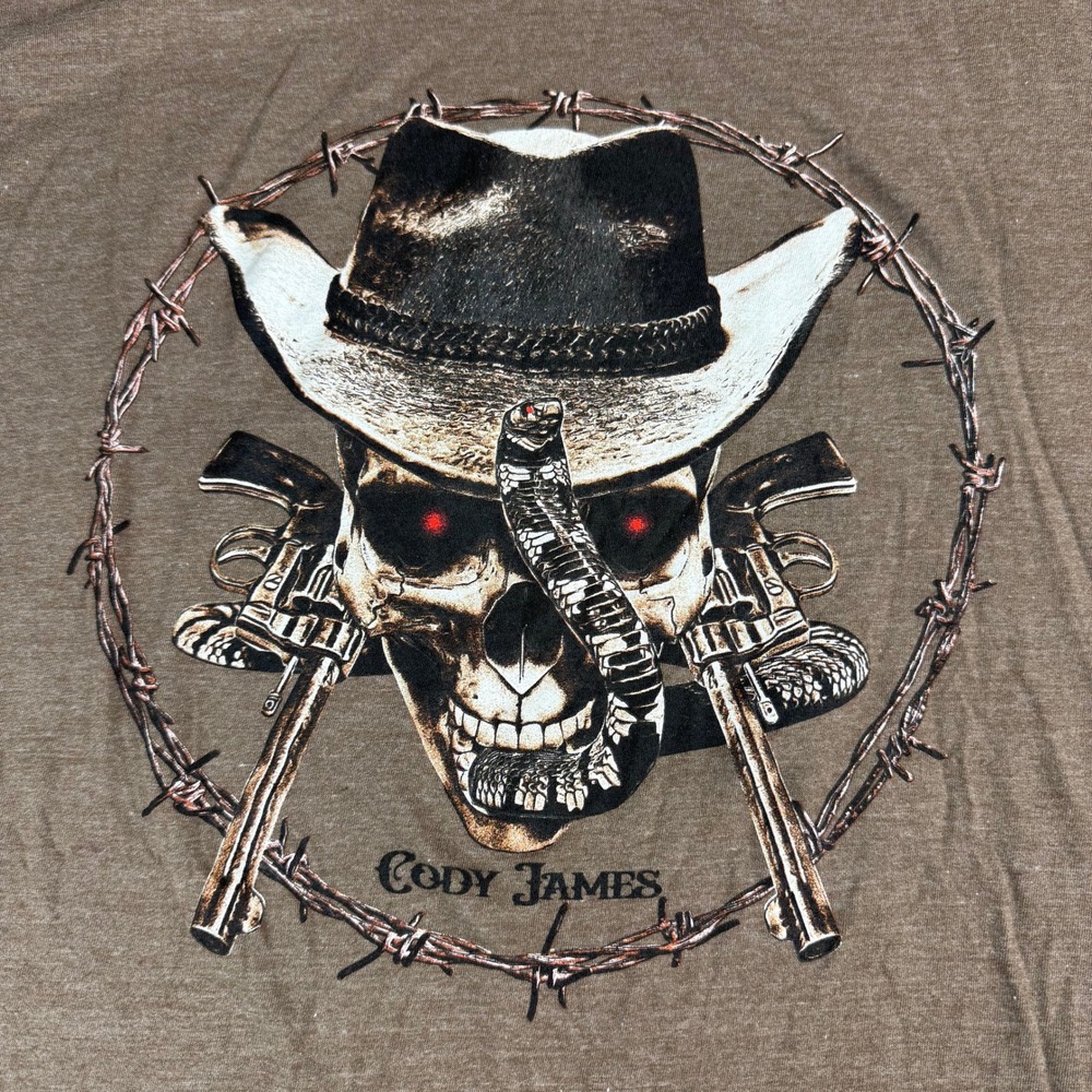 Cody James Graphic Tee Mens L Brown‎ Skull Cowboy Hat Snake Barbed Wire